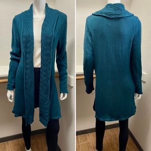 Leo & Nicole Long Sleeve Knit Open Cardigan with Shawl Collar in turquoise Sz L